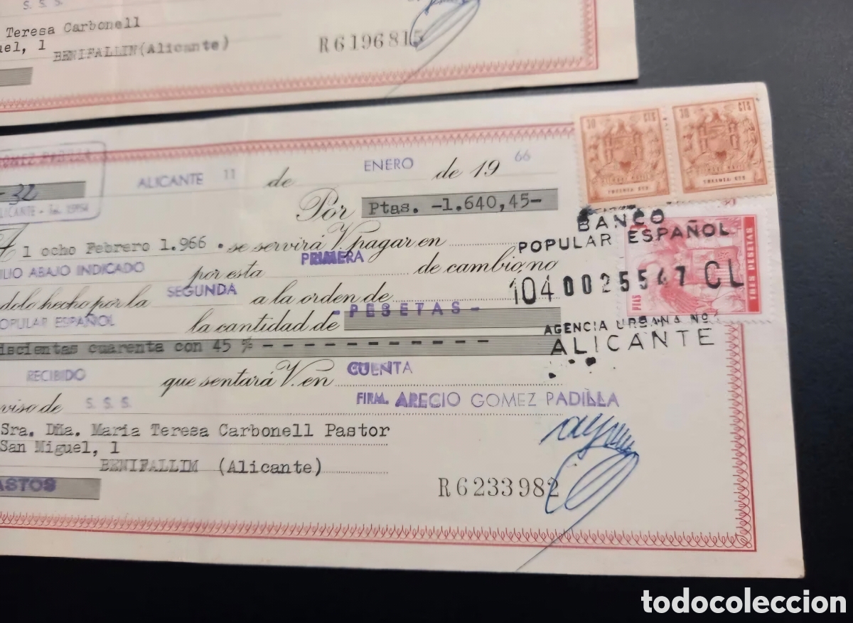 Documentos bancarios: Lote 3 efectos timbrados Banco Popular ca. 1965-66 - Foto 7