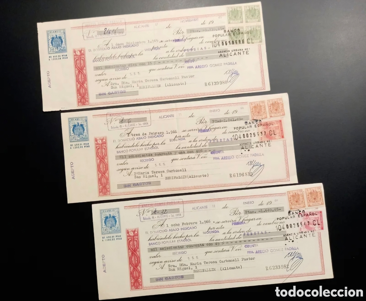 Documentos bancarios: Lote 3 efectos timbrados Banco Popular ca. 1965-66 - Foto 1