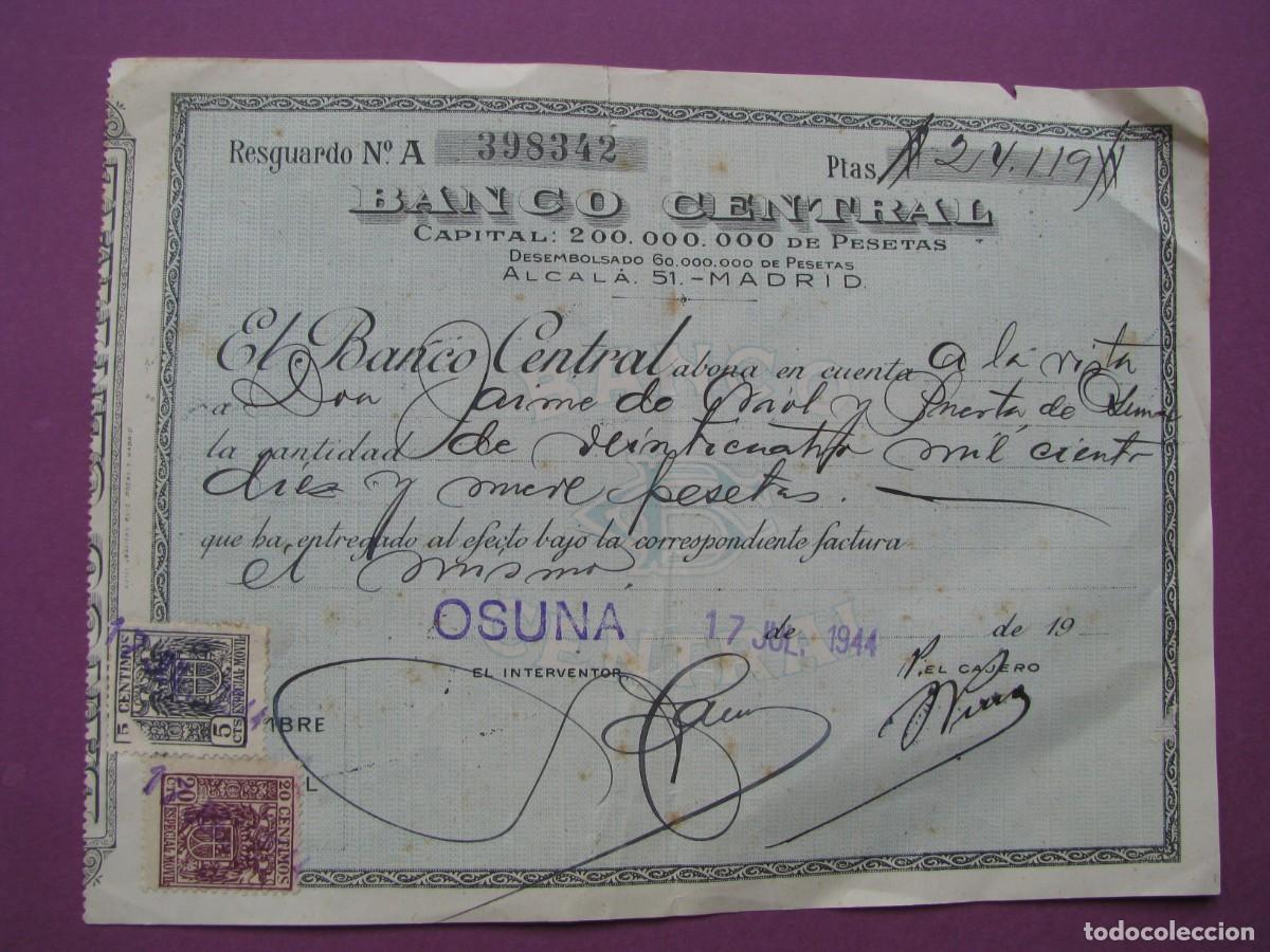 Documentos bancarios: RESGUARDO DE ABONO. BANCO CENTRAL. OSUNA 1944. - Foto 1