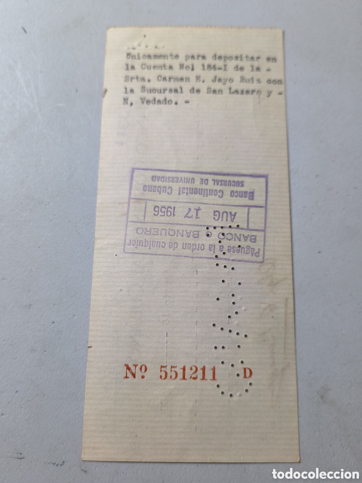 Documentos bancarios: Cuba, cheque del banco continental cubano del a&ntilde;o 1956. - Foto 2
