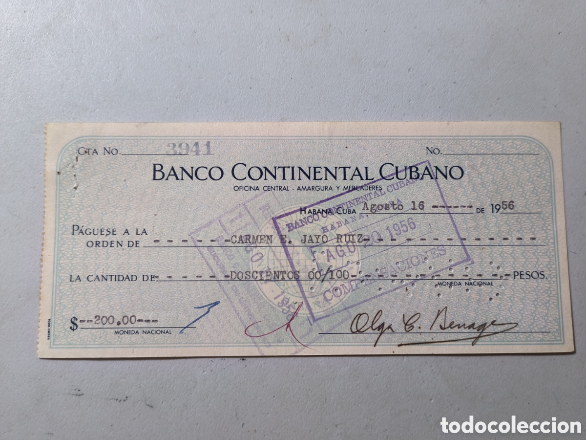 Documentos bancarios: Cuba, cheque del banco continental cubano del a&ntilde;o 1956. - Foto 1
