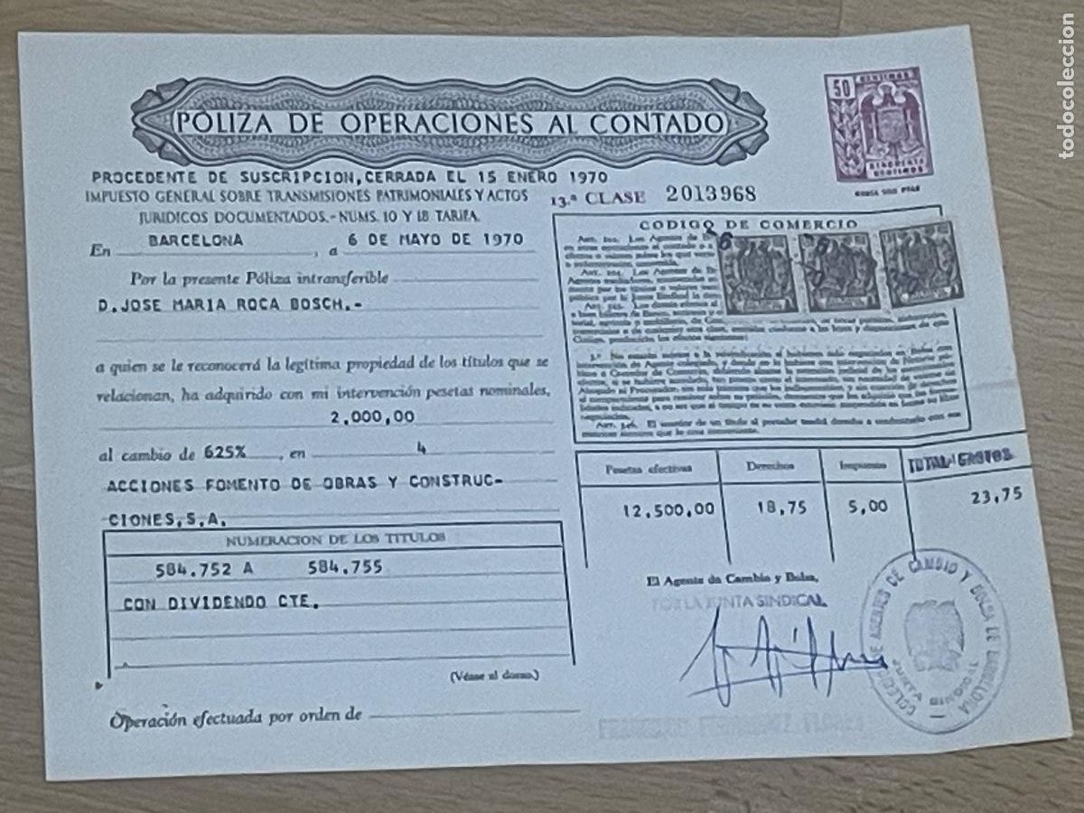 Documents bancaires: POLIZA OPERACIONES AL CONTADO - TIMBRE DE CLASE 13A DE 50 CTS 1970 - FOMENTO OBRAS Y CONSTRUCC.