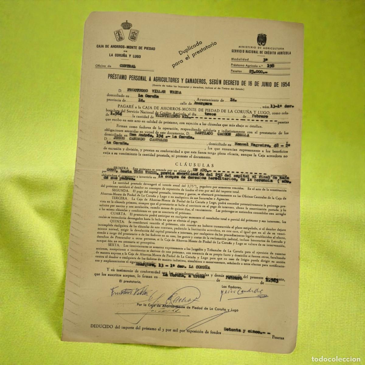 Documentos bancarios: Documento Antiguo Pr&eacute;stamo Agr&iacute;cola 1963 &ndash; Caja de Ahorros La Coru&ntilde;a y Lugo Con Firmas