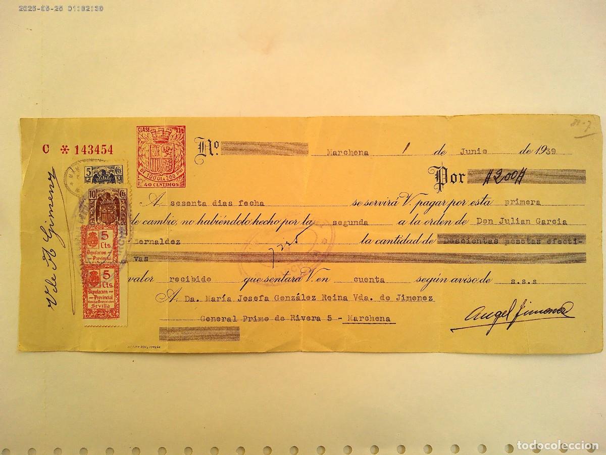 Documentos bancarios: LETRA DE CAMBIO CON LOS TRES ESCUDOS ( MONARQUIA - REPUBLICA - FRANCO ). MARCHENA 1939