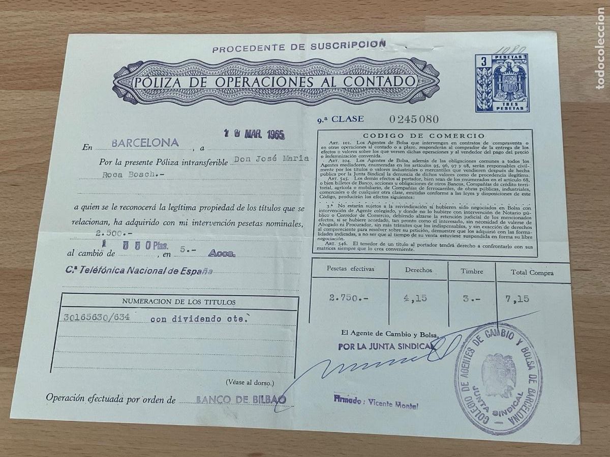 Documentos bancarios: POLIZA OPERACIONES AL CONTADO - TIMBRE DE CLASE 9A DE 3 pta 1964 - TELEFONICA