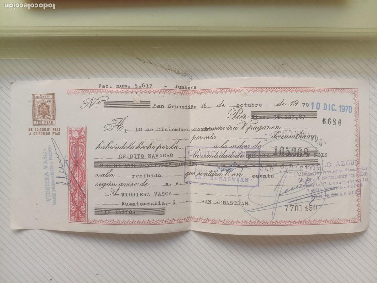 Documentos bancarios: Letra de Cambio. san Sebasti&aacute;n 1970