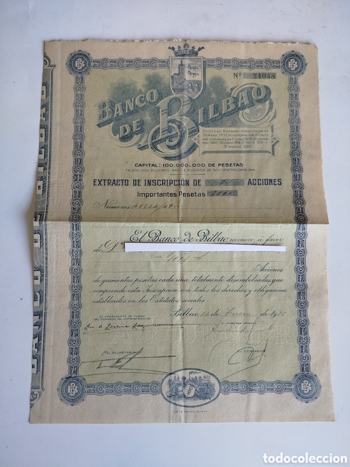 Documentos bancarios: BANCO DE BILBAO. EXTRACTO DE INSCRIPCI&Oacute;N DE 6 ACCIONES. BILBAO 1936.