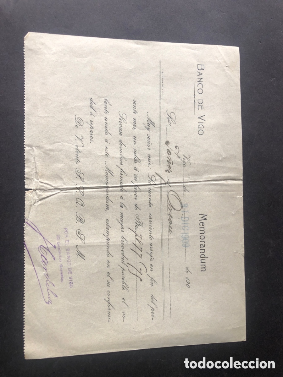 Documentos bancarios: Antiguo y raro recibo / memor&aacute;ndum BANCO DE VIGO dirigido a Ya&ntilde;ez y Arean