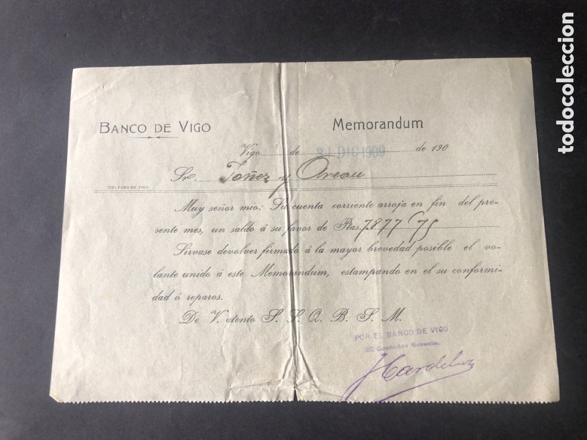 Documentos bancarios: Antiguo y raro recibo / memor&aacute;ndum BANCO DE VIGO dirigido a Ya&ntilde;ez y Arean