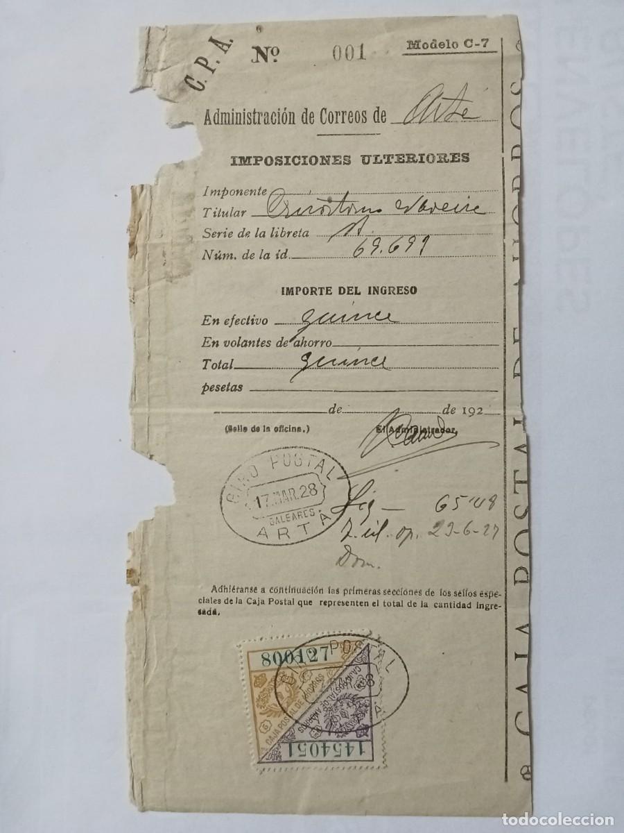 Documentos bancarios: ESPA&Ntilde;A, DOCUMENTO ANTIG&Uuml;O DE LA CAJA POSTAL DE AHORROS DE BALEARES, A&Ntilde;O 1928, &Oacute;RDEN DE GIRO POSTAL.