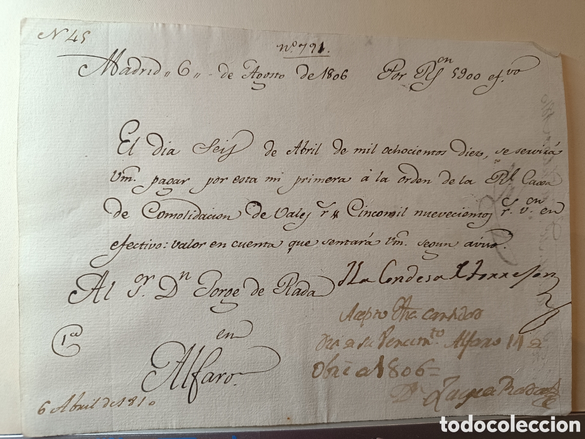 Documentos bancarios: LETRA DE CAMBIO MADRID 1806-1810 REAL CAJA CONSOLIDACION FIRMA CONDESA DE TORREJON 5900 REALES