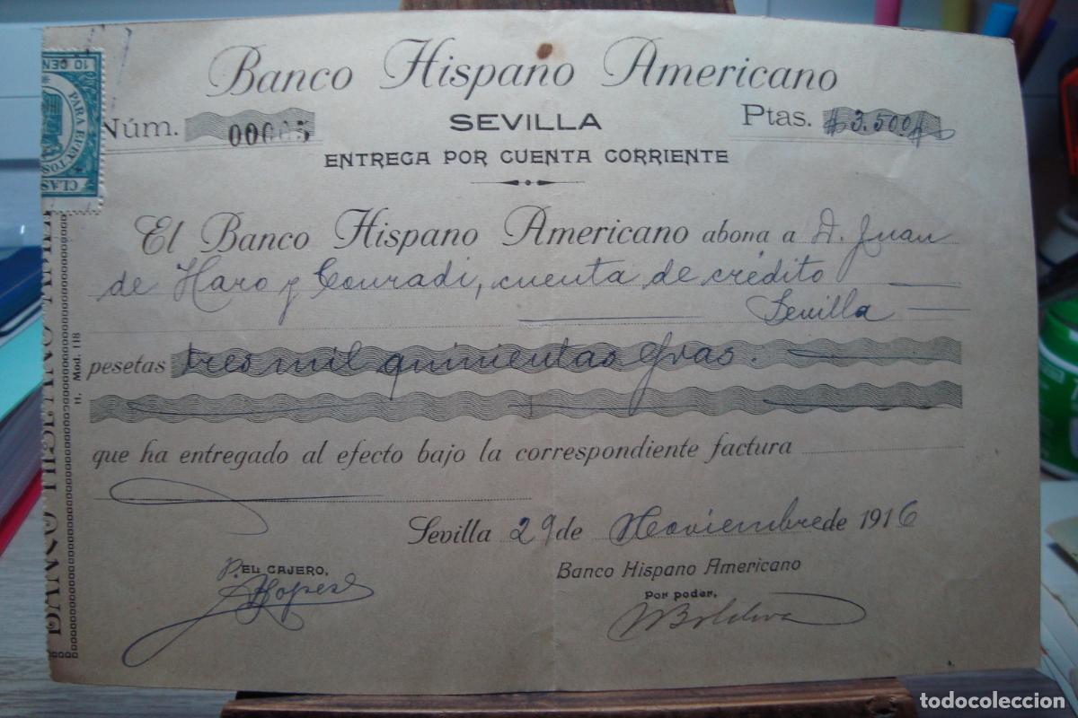 Documentos bancarios: ANTIGUO RECIBO BANCO HISPANO AMERICANO SEVILLA 1916. JUAN HARO Y CONRADI.