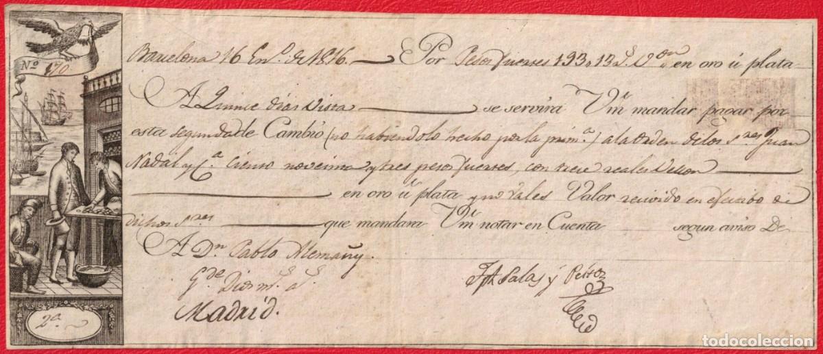 Documentos bancarios: A&ntilde;o 1816 - Letra de cambio catalana - Barcelona - Pablo Alemany - 13 dineros o fracci&oacute;n monetaria c