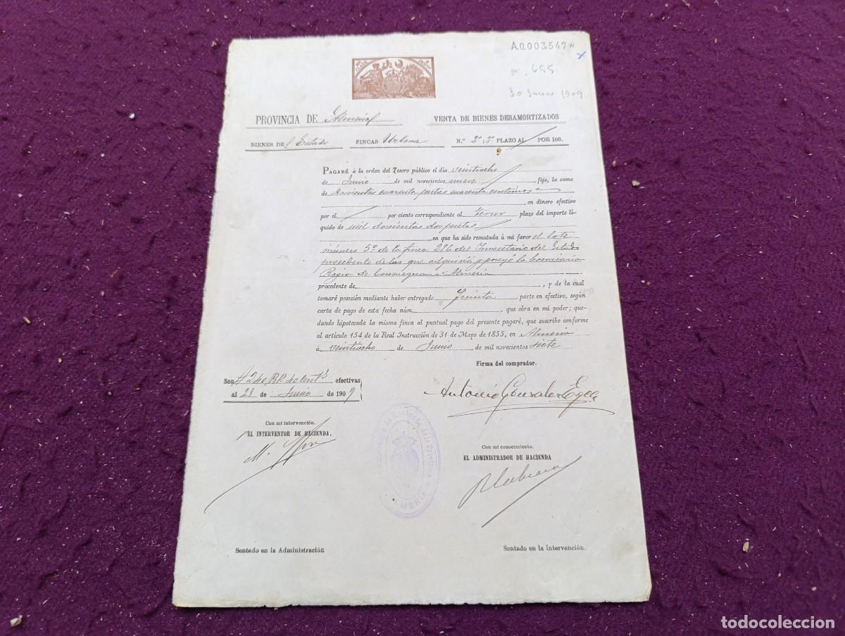 Documentos bancarios: AD35, Antiguo Documento, 1907 - 1909, Almer&iacute;a, venta bienes desamortizados, sellos y firmas/r&uacute;bricas