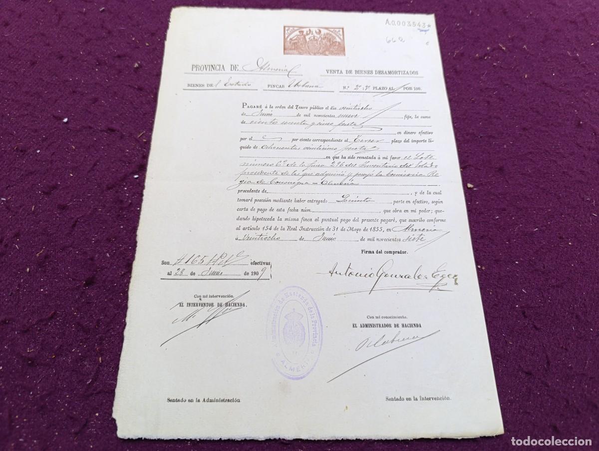 Documentos bancarios: AD36, Antiguo Documento, 1909, Almer&iacute;a, venta bienes desamortizados, sellos y firmas/r&uacute;bricas