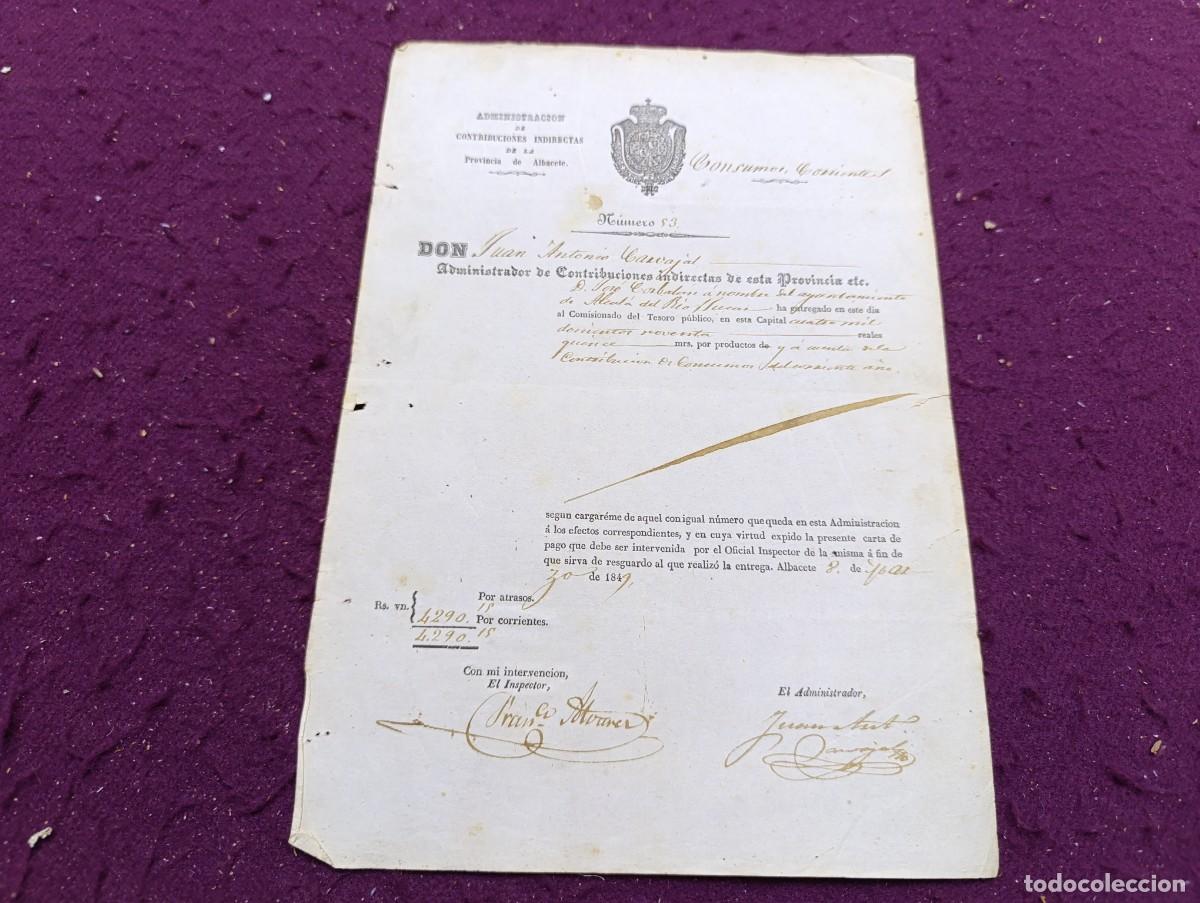 Documentos bancarios: AD37, Antiguo Documento, 1849, Albacete, carta de pago o resguardo oficial, sellos y firmas/r&uacute;bricas