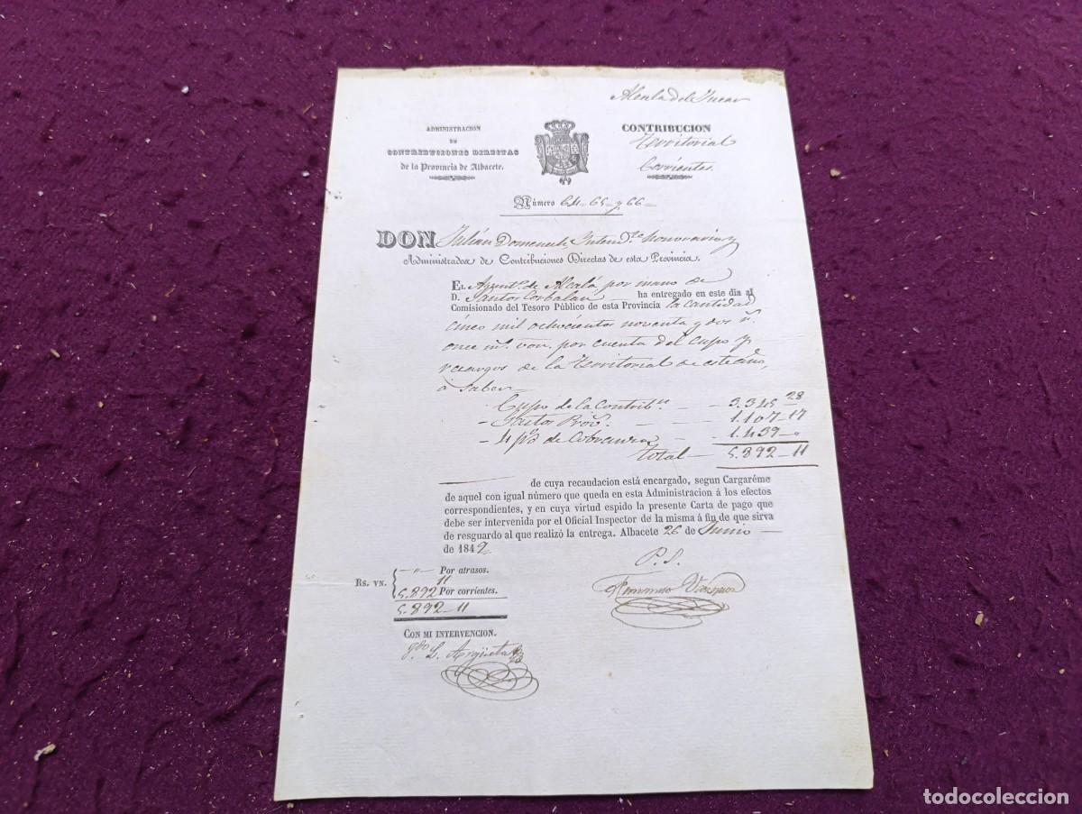 Documentos bancarios: AD38, Antiguo Documento, 1849, Albacete, carta de pago o resguardo oficial, sellos y firmas/r&uacute;bricas