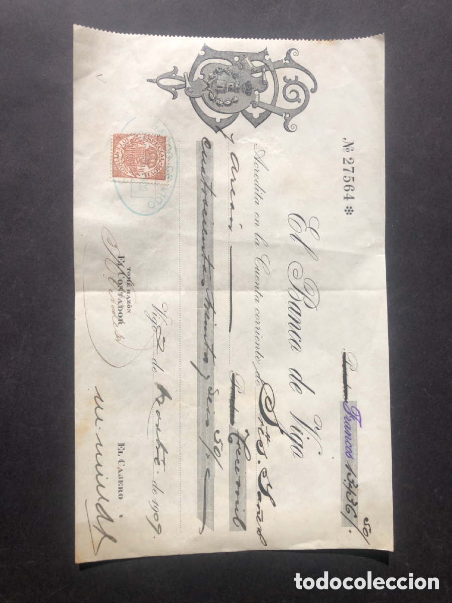 Documentos bancarios: Antiguo y raro documento bancario BANCO DE VIGO 1909