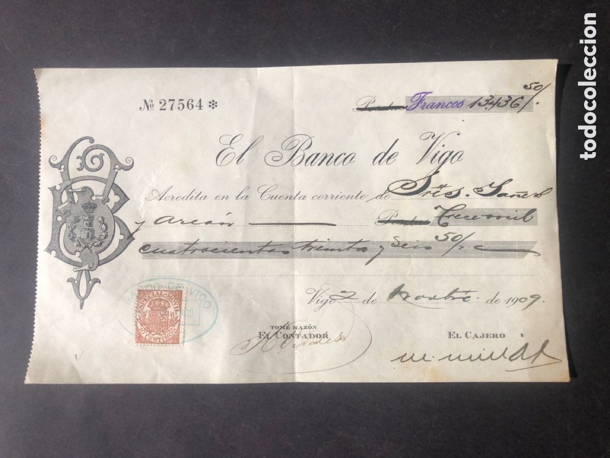 Documentos bancarios: Antiguo y raro documento bancario BANCO DE VIGO 1909