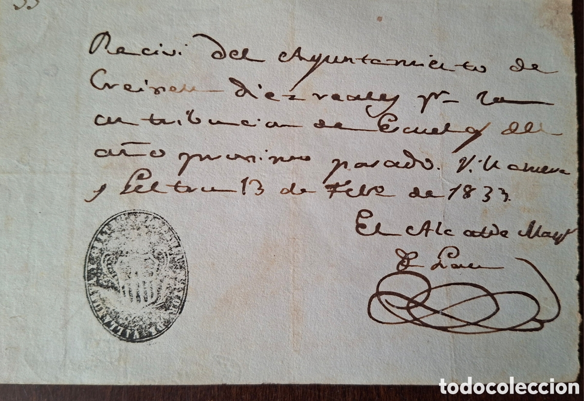 Documentos bancarios: Recibo del ayuntamiento de Creixell 10 reales Sello cu&ntilde;o alcaldia Vilanova i la Geltru 1833