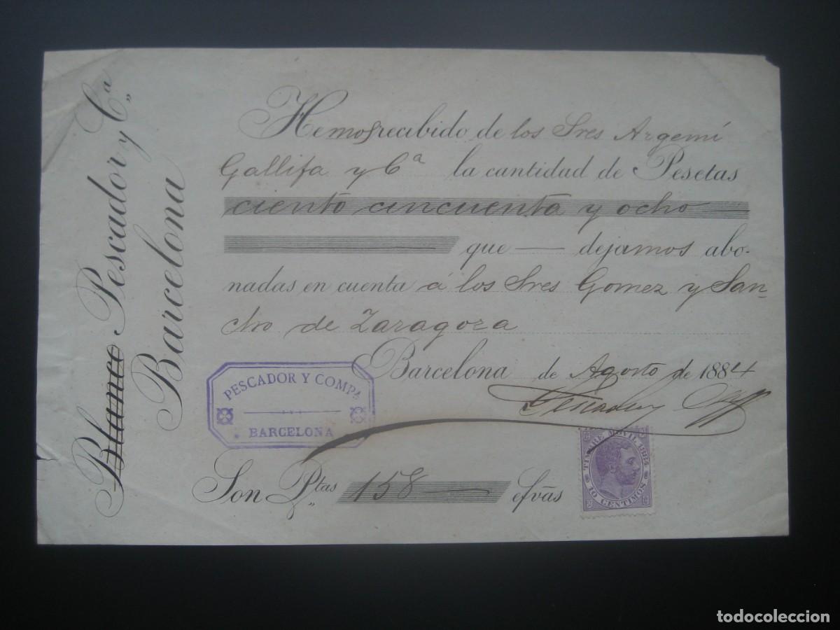 Documentos bancarios: RECIBO BLANCO PESCADOR Y CIA, BARCELONA 1884. CON TIMBRE MOVIL