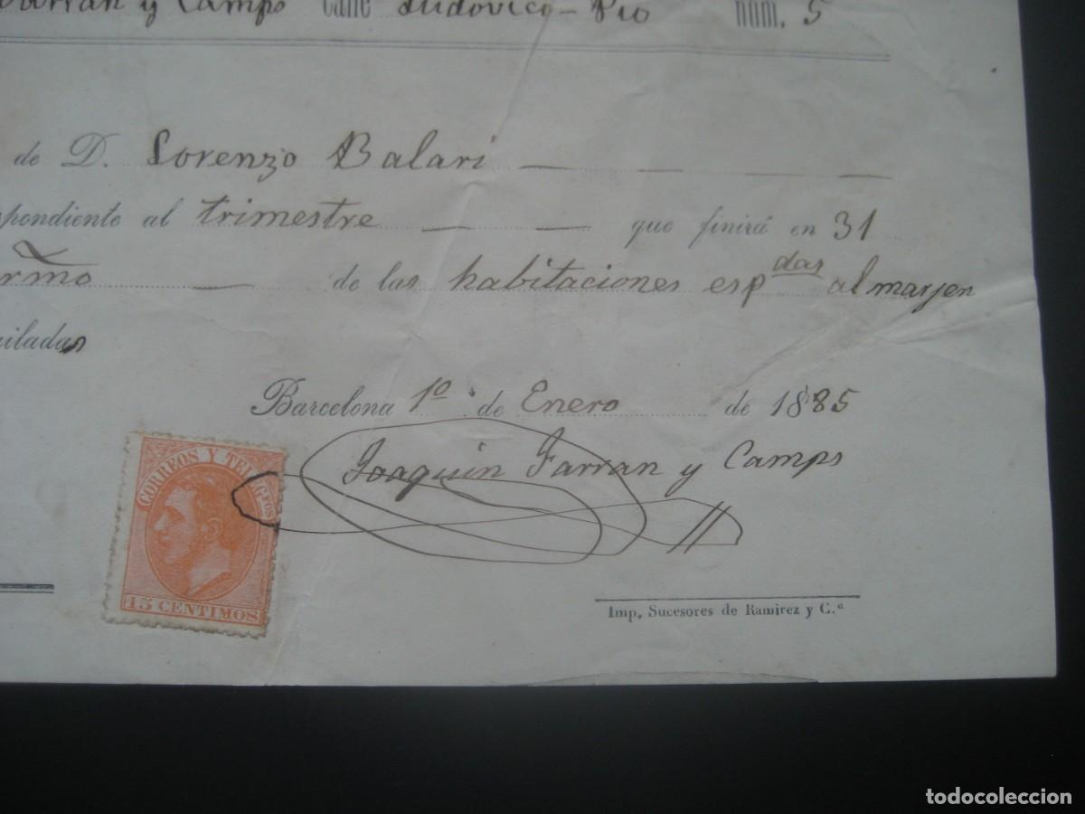 Documentos bancarios: RECIBO JOAQUIN FARRAN Y COMPO. BARCELONA 1885. CON SELLO - Foto 2