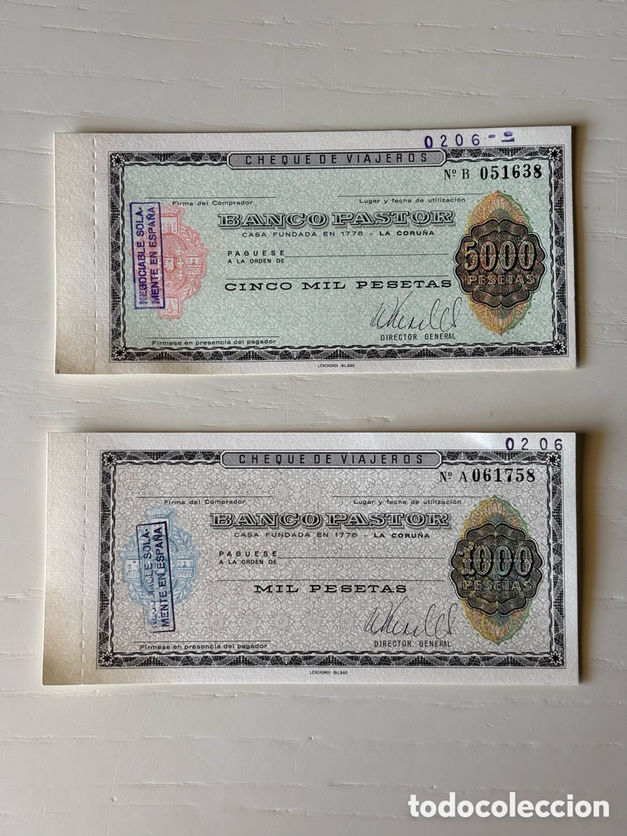 Documentos bancarios: Cheque de viajeros (1)1000 y (1) 5000 pesetas Banco Pastor