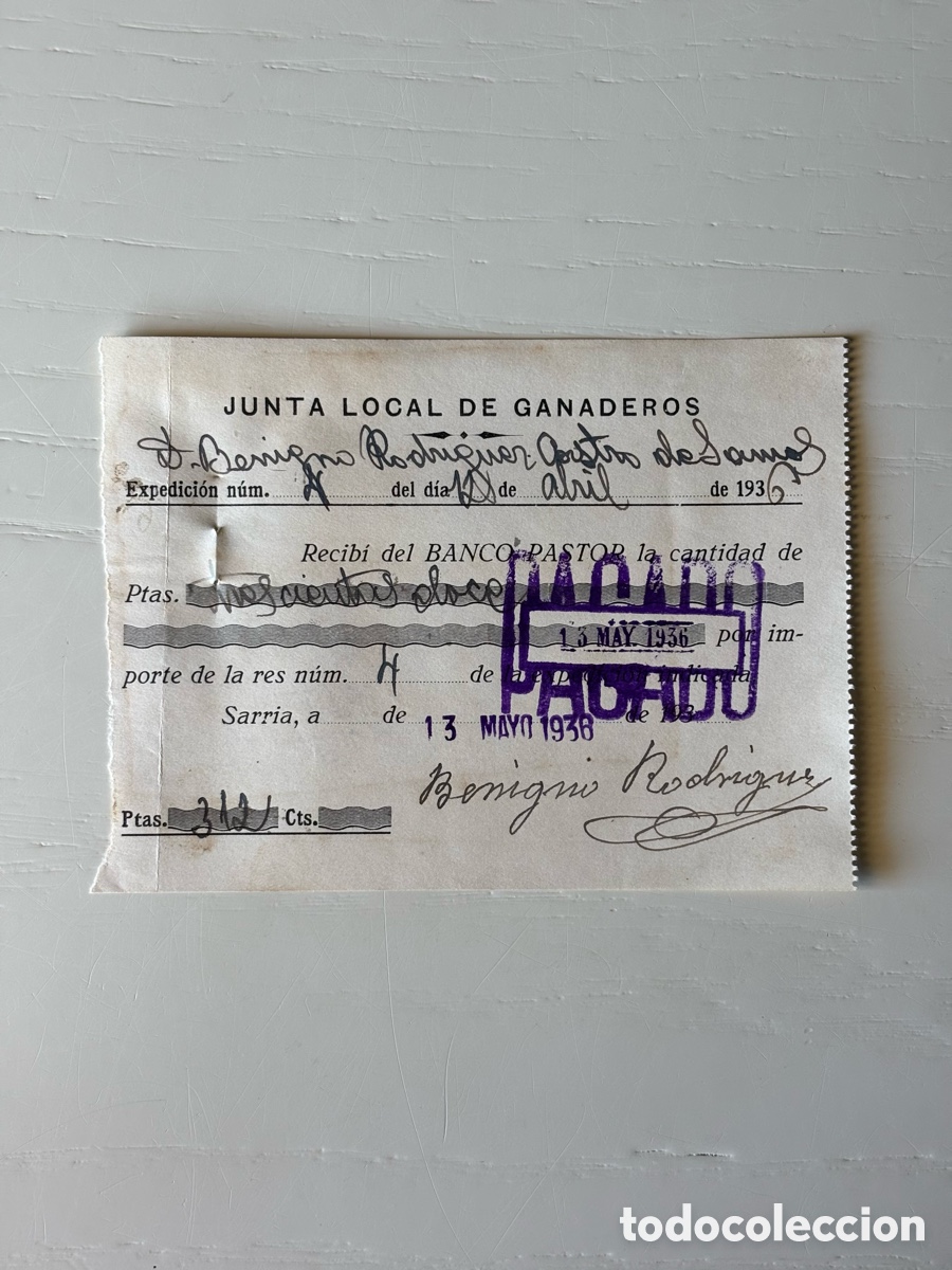 Documentos bancarios: Recibo BANCO PASTOR 1938 Junta Local Ganaderos