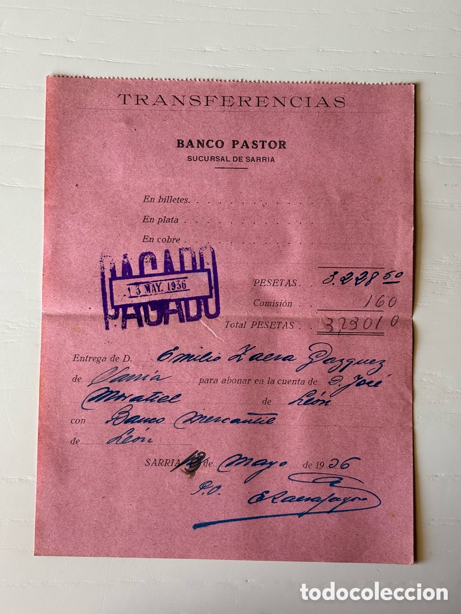 Documentos bancarios: Antiguo documento transferencia 1936 BANCO PASTOR