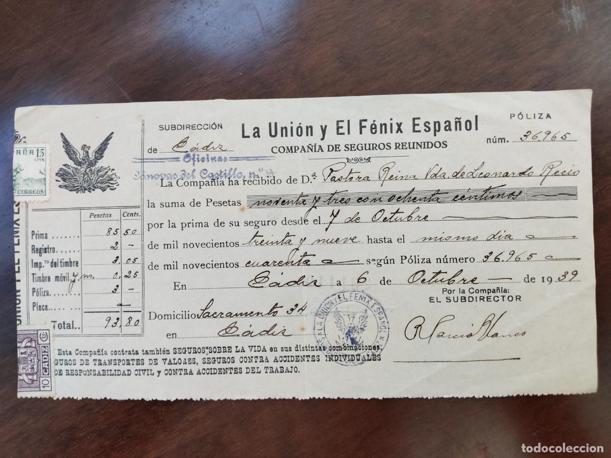 Documentos bancarios: Letra de la Uni&oacute;n y el F&eacute;nix Espa&ntilde;ol. A&ntilde;o 1939. C&aacute;diz .