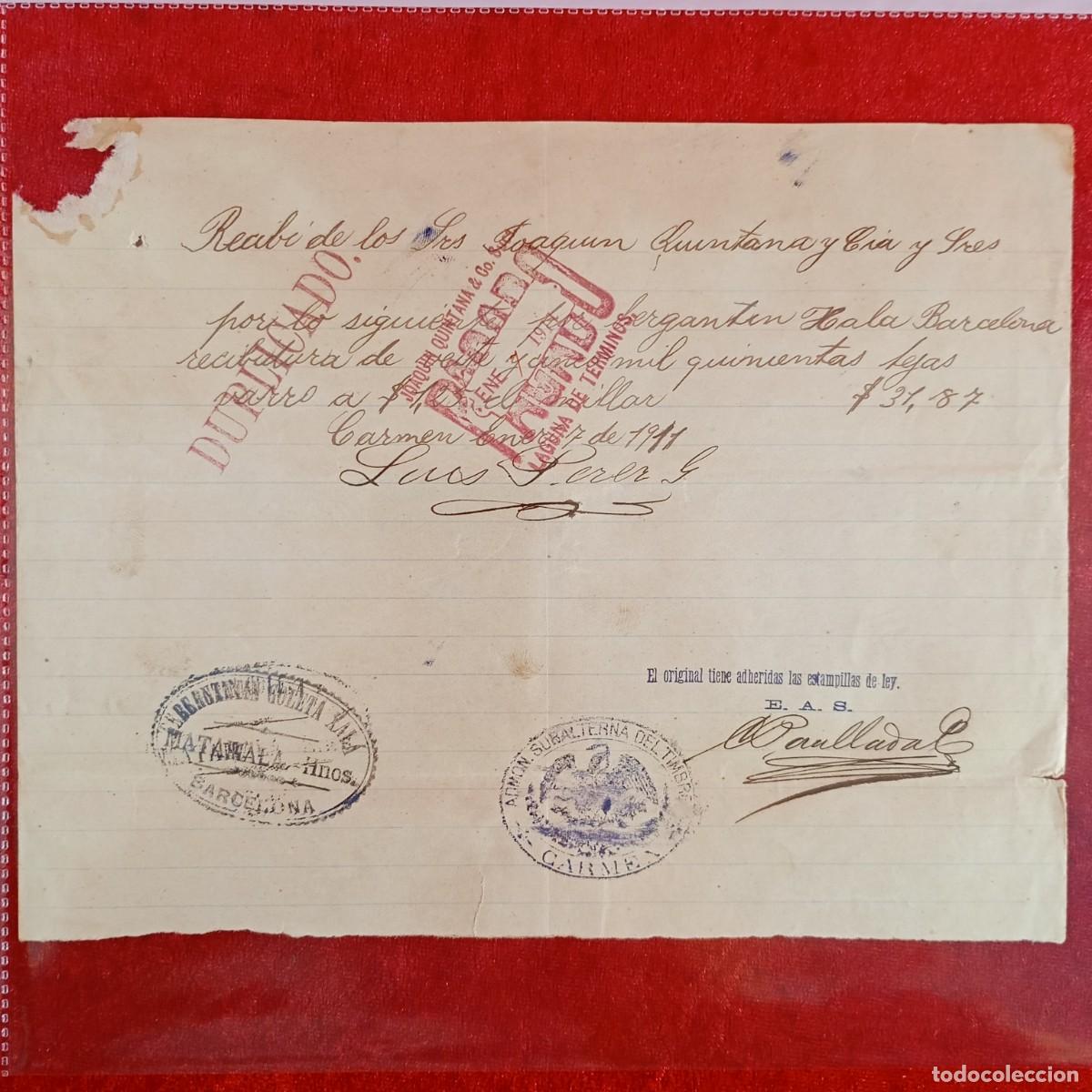 Documentos bancarios: RECIBO - JOAQUIN QUINTANA - BERGANTIN XALA - 1911 - HERMANOS MATAMALA - EXPORTADORES -VILASAR / 3390