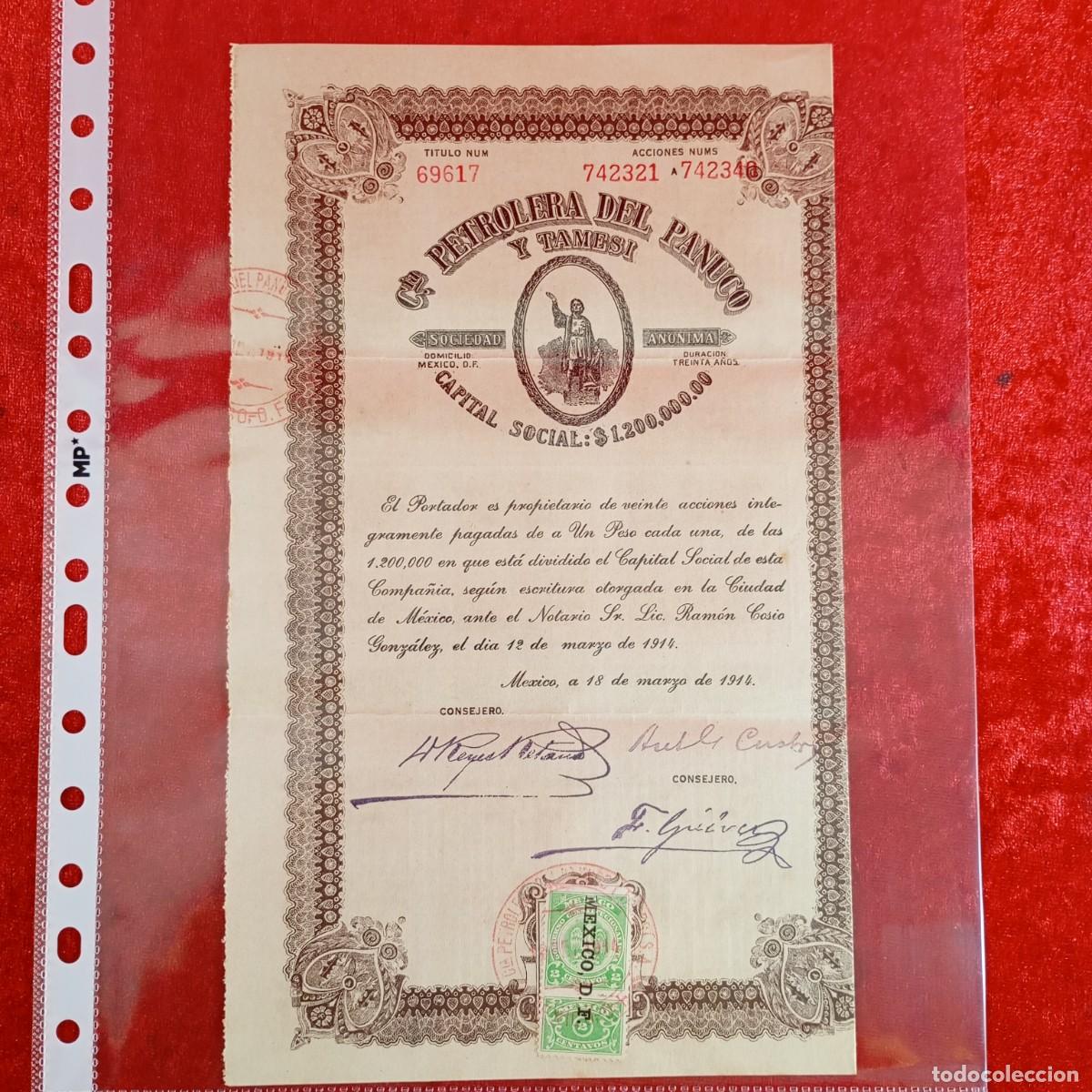 Documentos bancarios: FACTURA - VENTA DE ACCIONES - PETROLERA DEL PANUCO Y TAMESI - 1914 - MATAMALA - EXPORTADORES / 3396