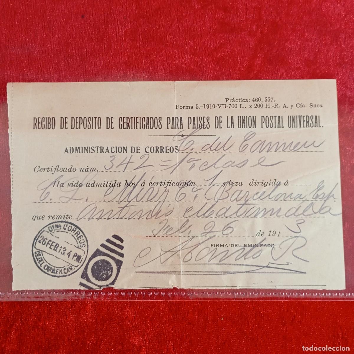 Documentos bancarios: RECIBO DEPOSITO DE CERTIFICADOS - OFICINA DE CORREOS - ANTONIO MATMALA - 1913 - EXPORTACION / 3409