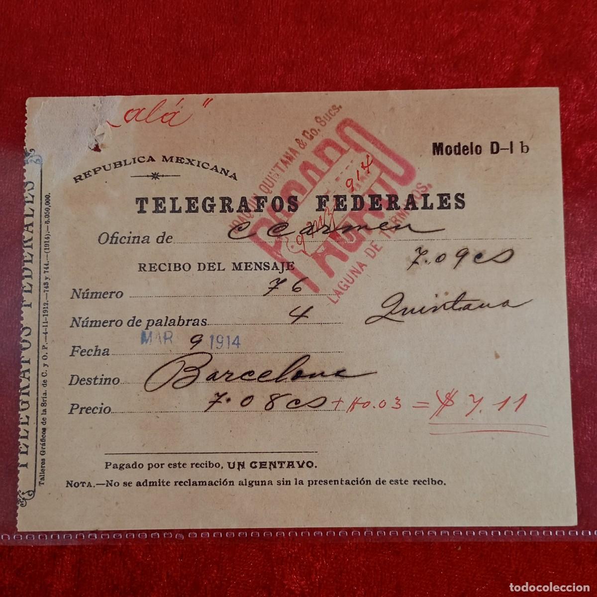 Documentos banc&aacute;rios: RECIBO - TELEGRAFOS FEDERALES - JOAQUIN QUINTANA - 1914 - HERMANOS MATAMALA - EXPORTACION / 3442