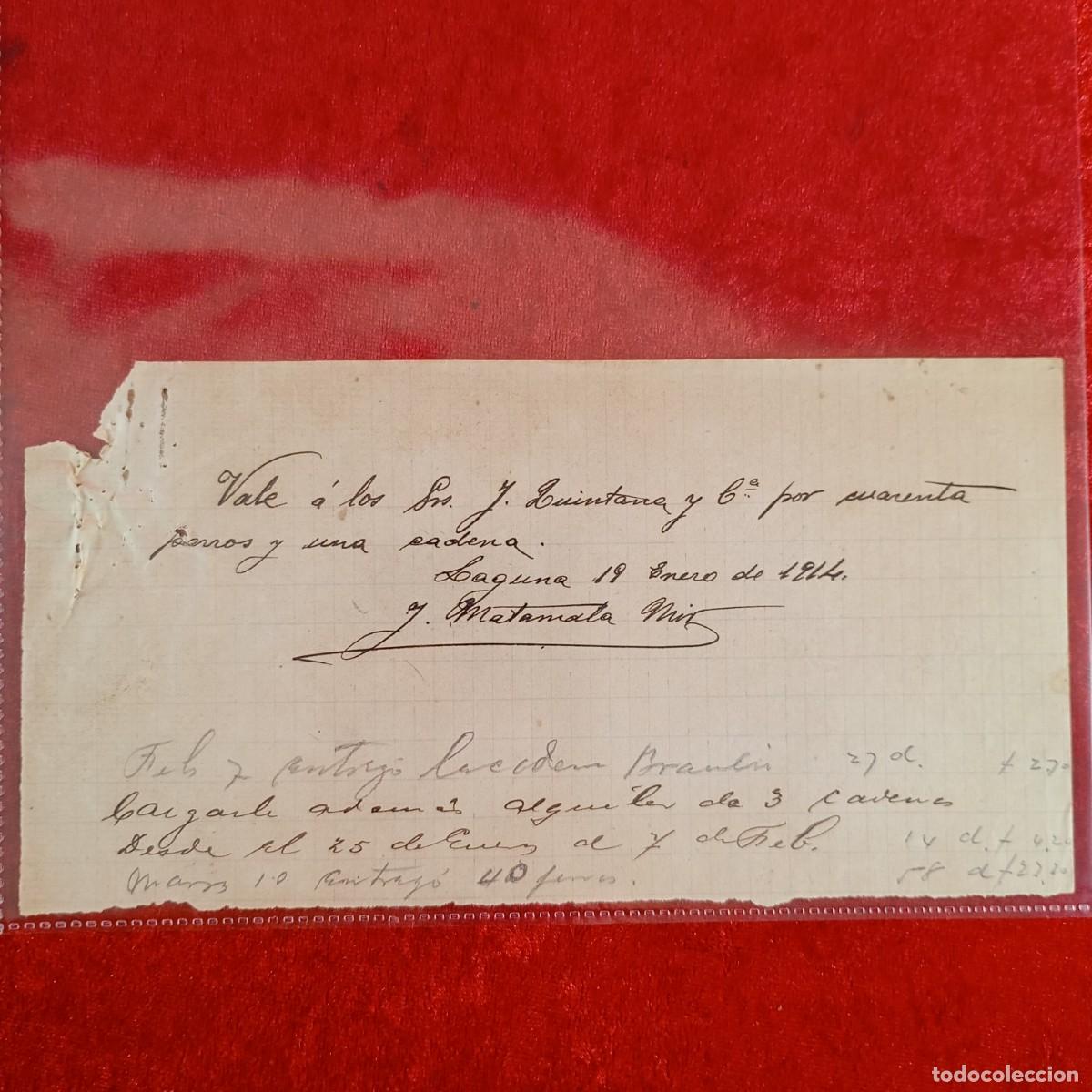 Documentos bancarios: RECIBO COMERCIAL - VALE POR CADENA -JOAQUIN QUINTANA - 1914 - HERMANOS MATAMALA - EXPORTACION / 3446