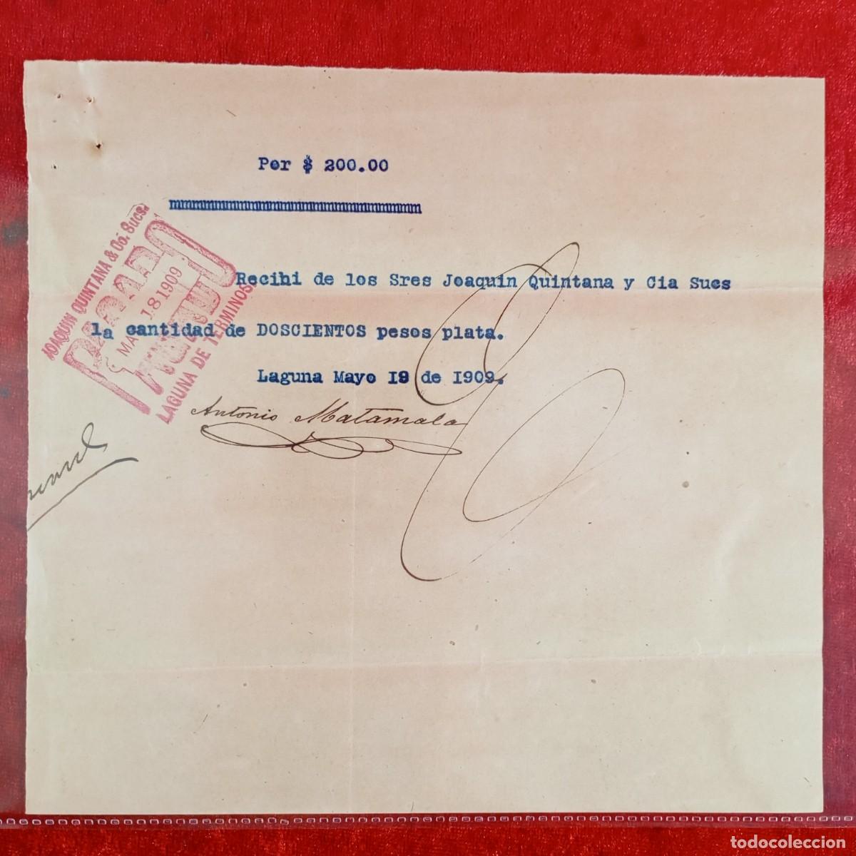 Documentos bancarios: RECIBO COMERCIAL - ANTONIO MATAMALA - JOAQUIN QUINTANA - 1909 - EXPORTACION - VILASAR / 3449