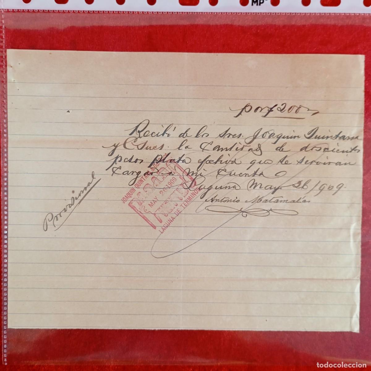 Documentos bancarios: RECIBO COMERCIAL - JOAQUIN QUINTANA - ANTONIO MATAMALA - 1909 - MATAMALA - EXPORTACION / 3451
