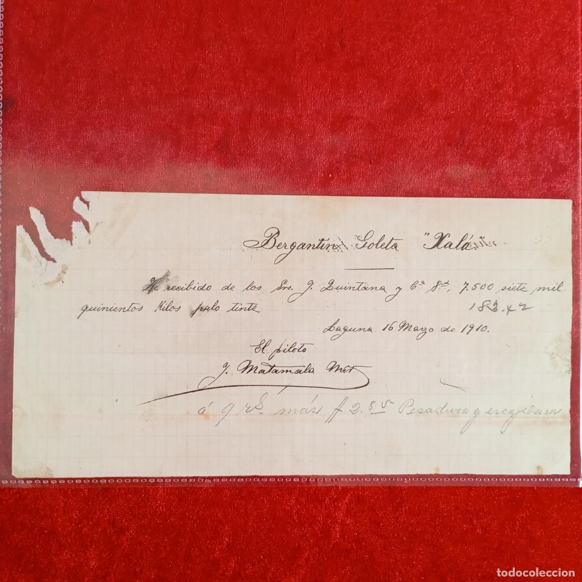 Documentos bancarios: RECIBO COMERCIAL - BERGANTIN GOLETA XALA - 1910 - HERMANOS MATAMALA - EXPORTACION - VILASAR / 3566