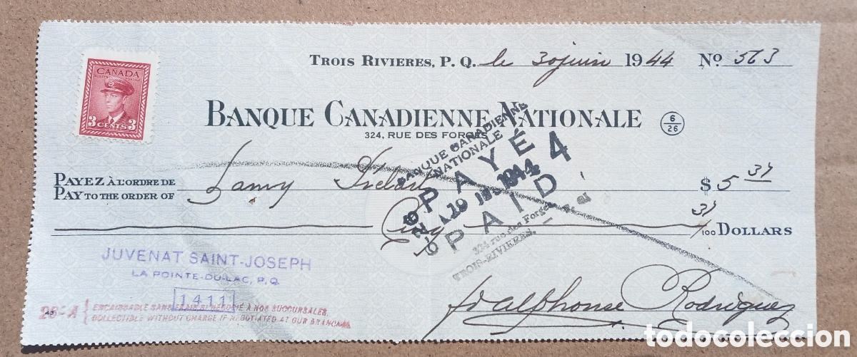 Documentos bancarios: Cheque Banque Canadienne Nationale 1944 - Foto 1