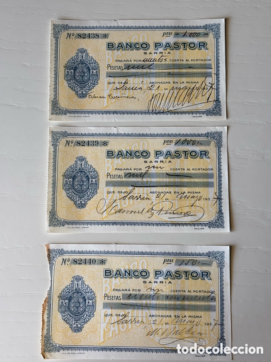 Documentos bancarios: Tr&iacute;o Cheques Banco Pastor 1937 correlativos