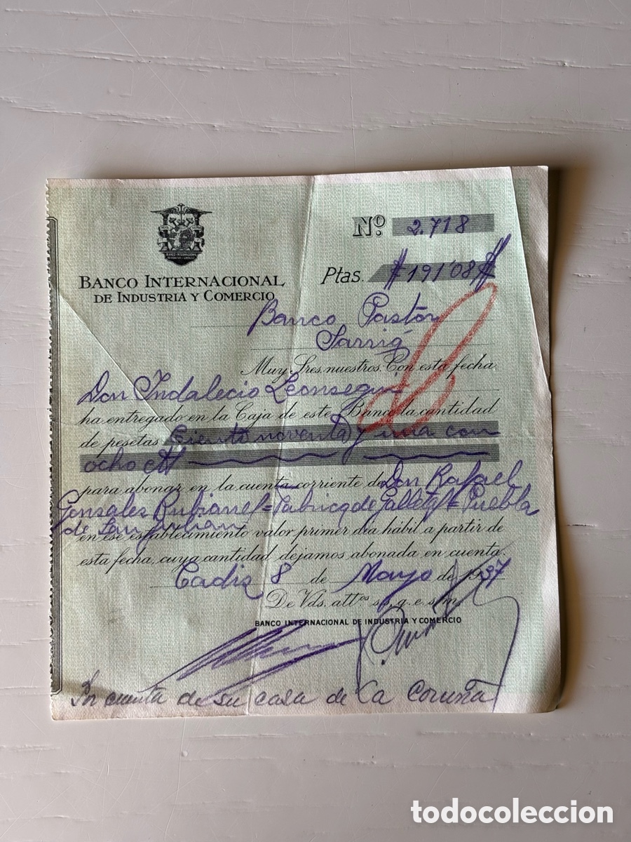 Documentos bancarios: Documento Abono cuenta Banco Internacional 1937 - Foto 1