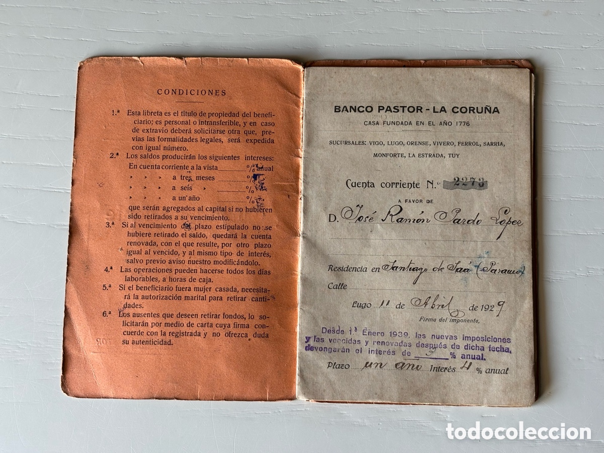 Documentos bancarios: Libreta Cuenta Corriente Banco Pastor 1929 - Foto 2