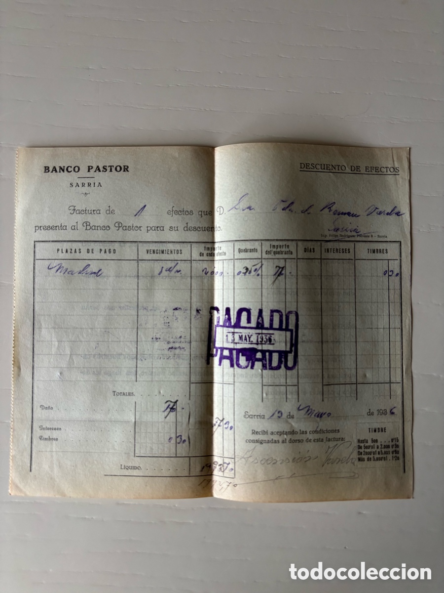 Documentos bancarios: Factura de efectos Banco Pastor 1936 - Foto 1