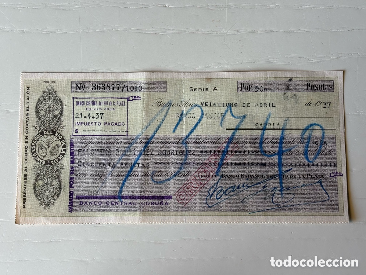 Documentos bancarios: Cheque Banco Espa&ntilde;ol R&iacute;o de la Plata 1937