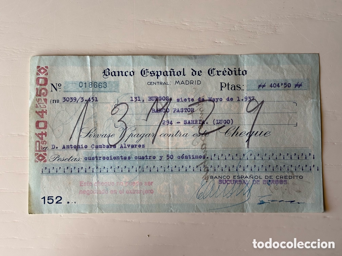 Documentos bancarios: Cheque Banco Espa&ntilde;ol de Cr&eacute;dito 1937