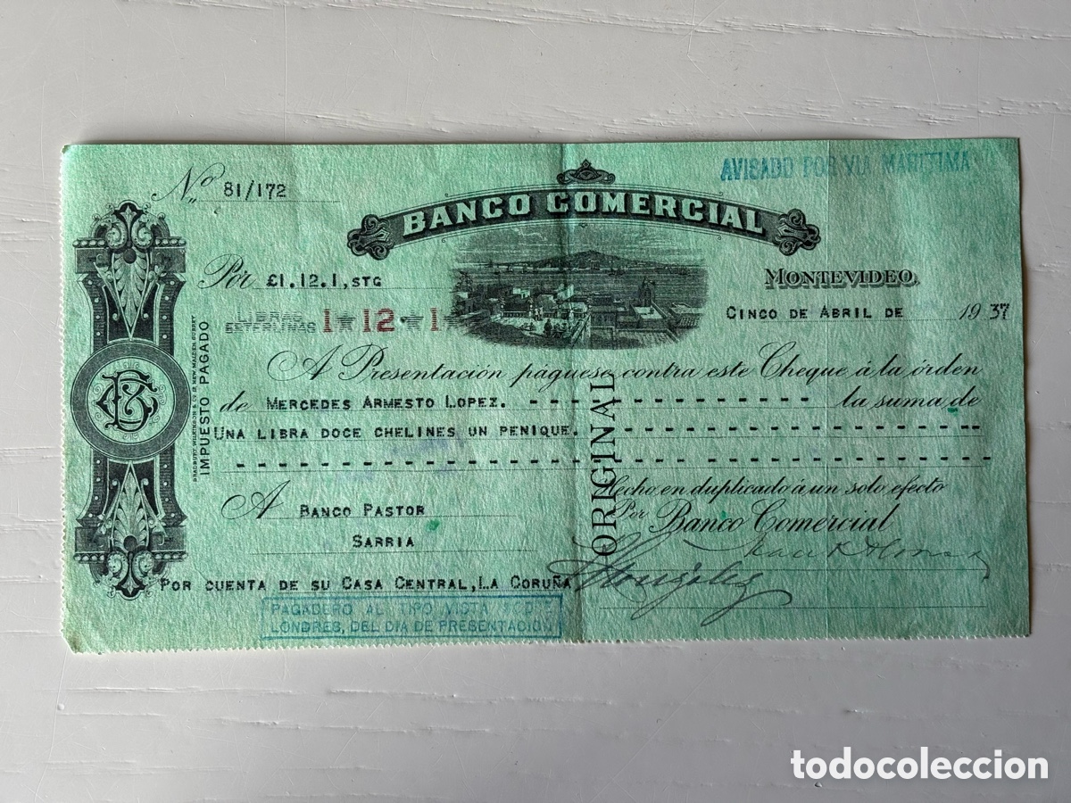 Documentos bancarios: Cheque Banco Comercial Montevideo 1937