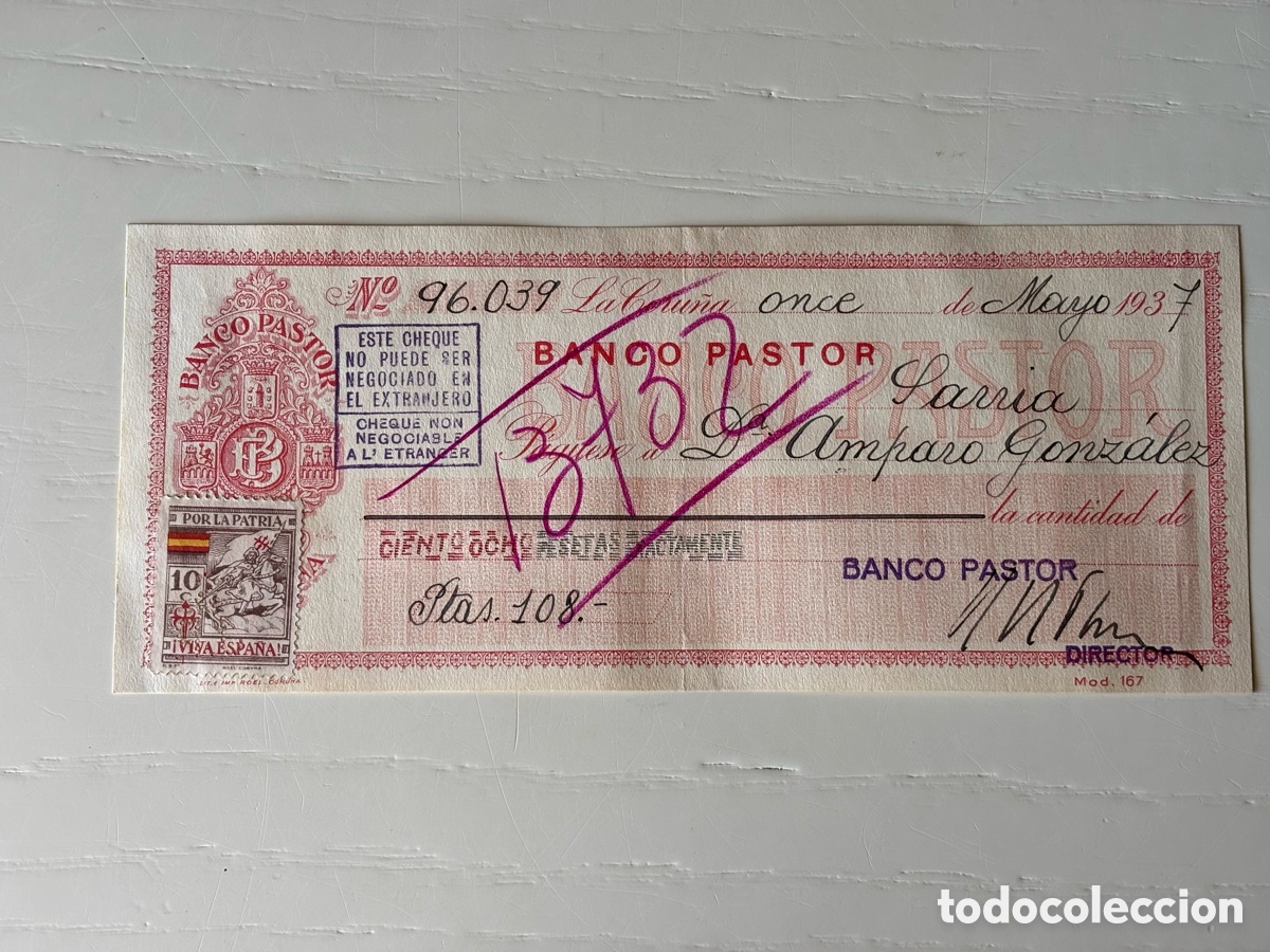 Documentos bancarios: Cheque Banco Pastor Coru&ntilde;a 1937