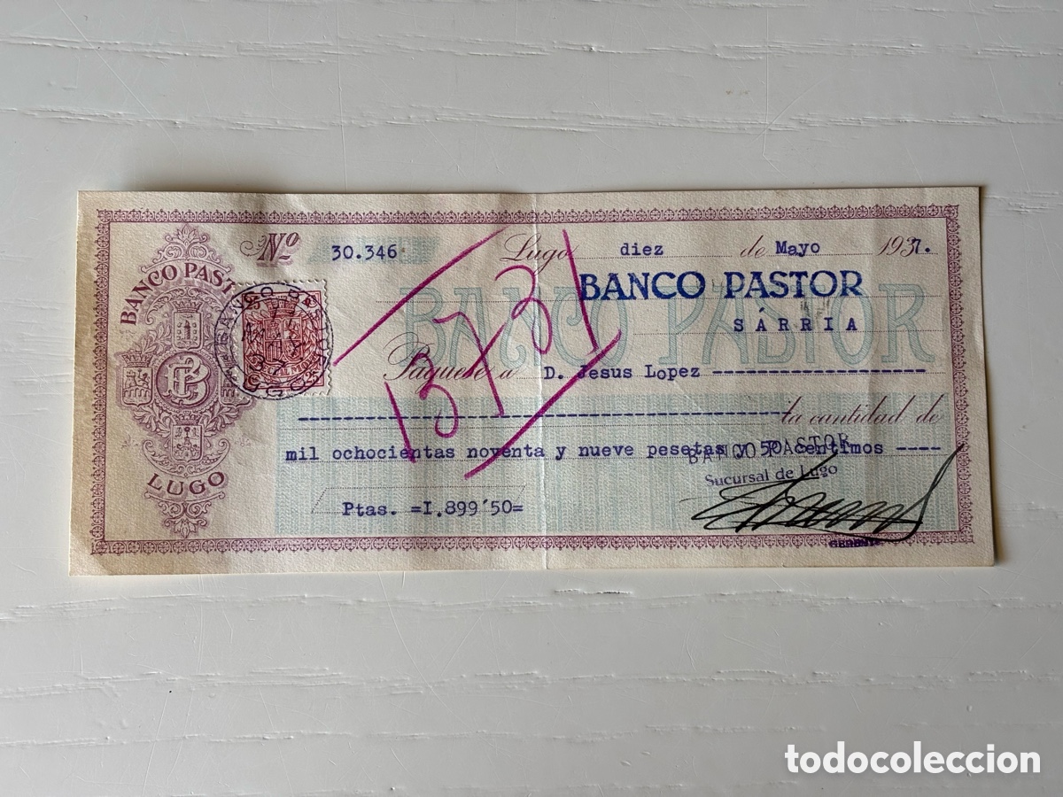 Documentos banc&aacute;rios: Cheque Banco Pastor Lugo 1937