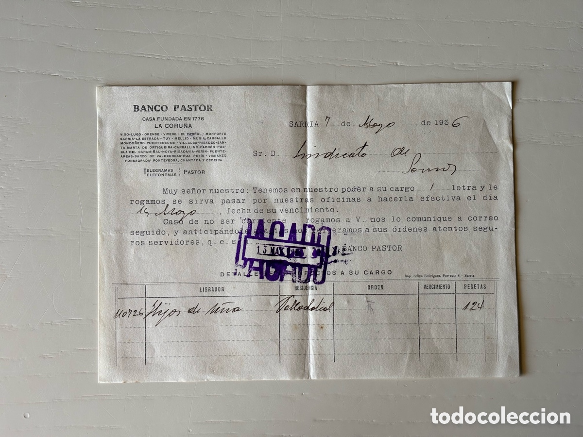 Documentos bancarios: Documento Banco Pastor Letra Hijos de U&ntilde;a Valladolid 1936