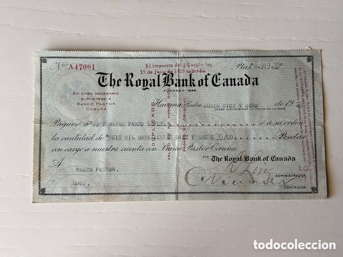 Documentos bancarios: Pagar&eacute; The Royal Bank of Canad&aacute;. Habana Cuba 1928